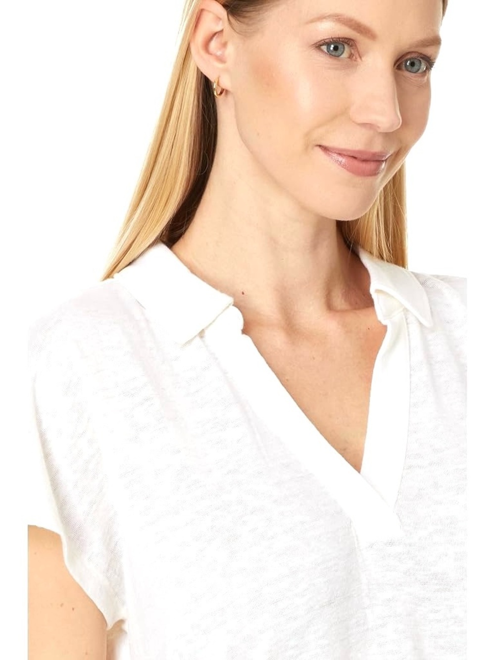 Women's White Short Sleeve Slub V-Neck Polo Tee